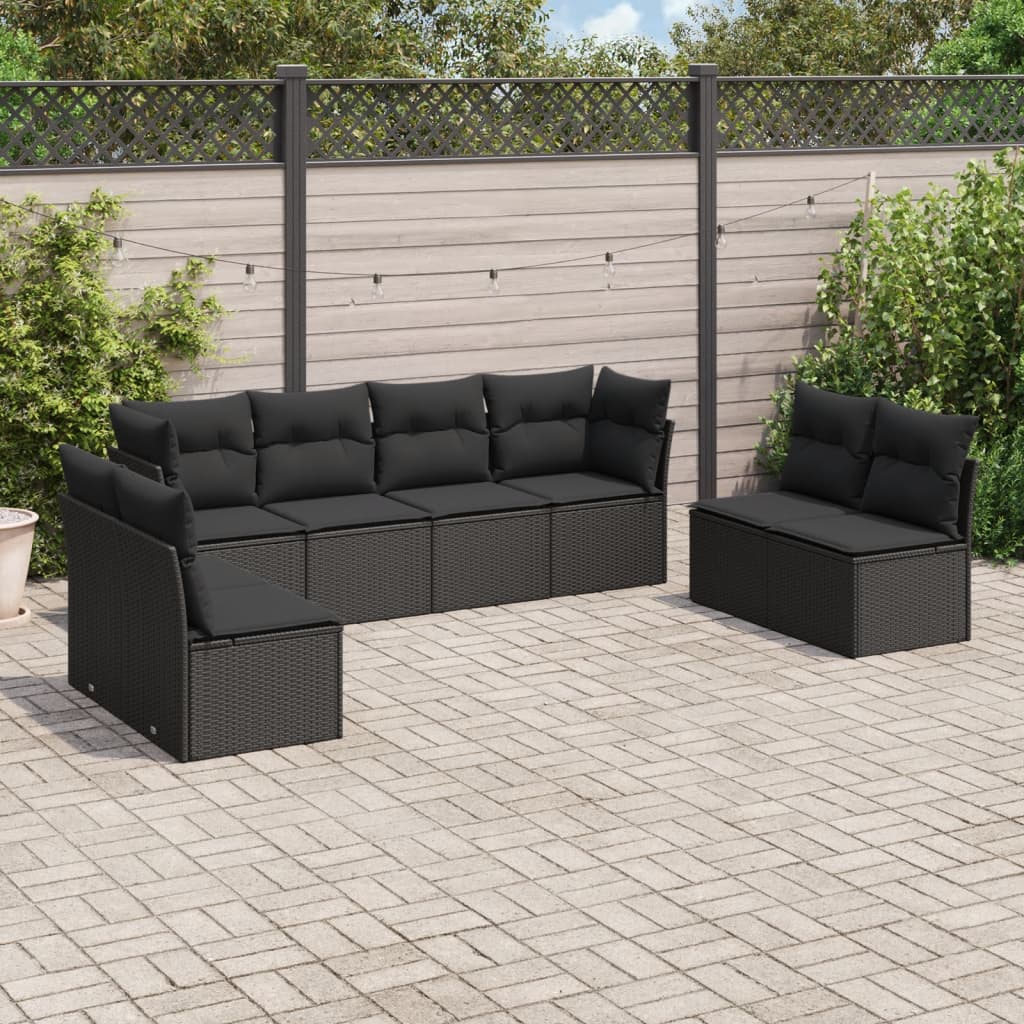 8-delige Loungeset met kussens poly rattan zwart