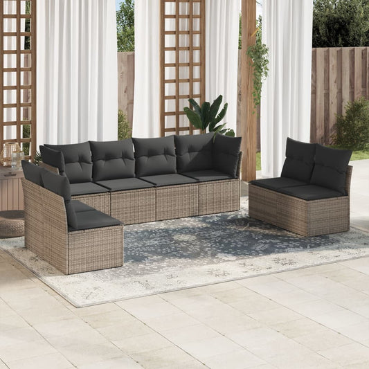 8-delige Loungeset met kussens poly rattan grijs