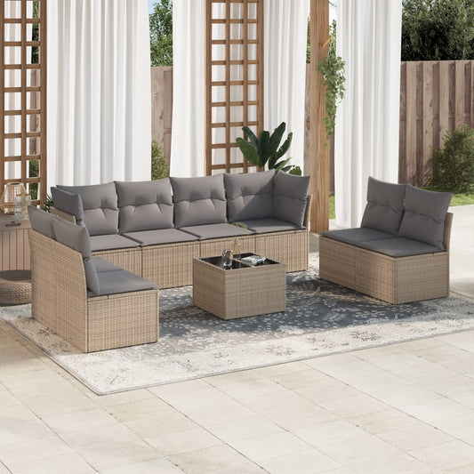 9-delige Loungeset met kussens poly rattan beige