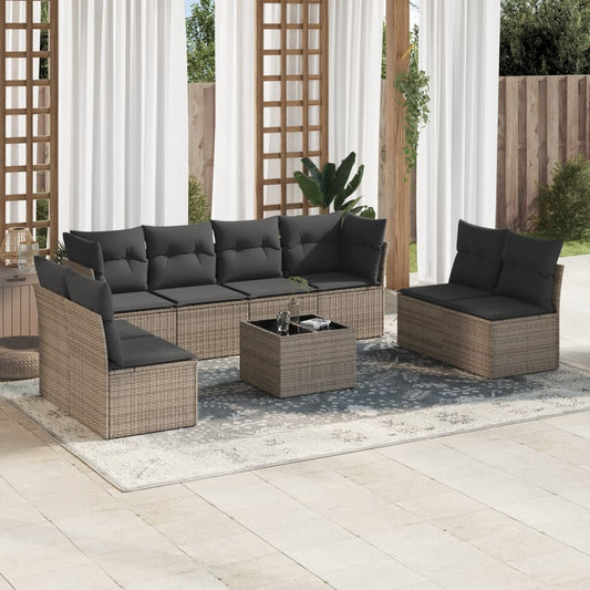 9-delige Loungeset met kussens poly rattan grijs