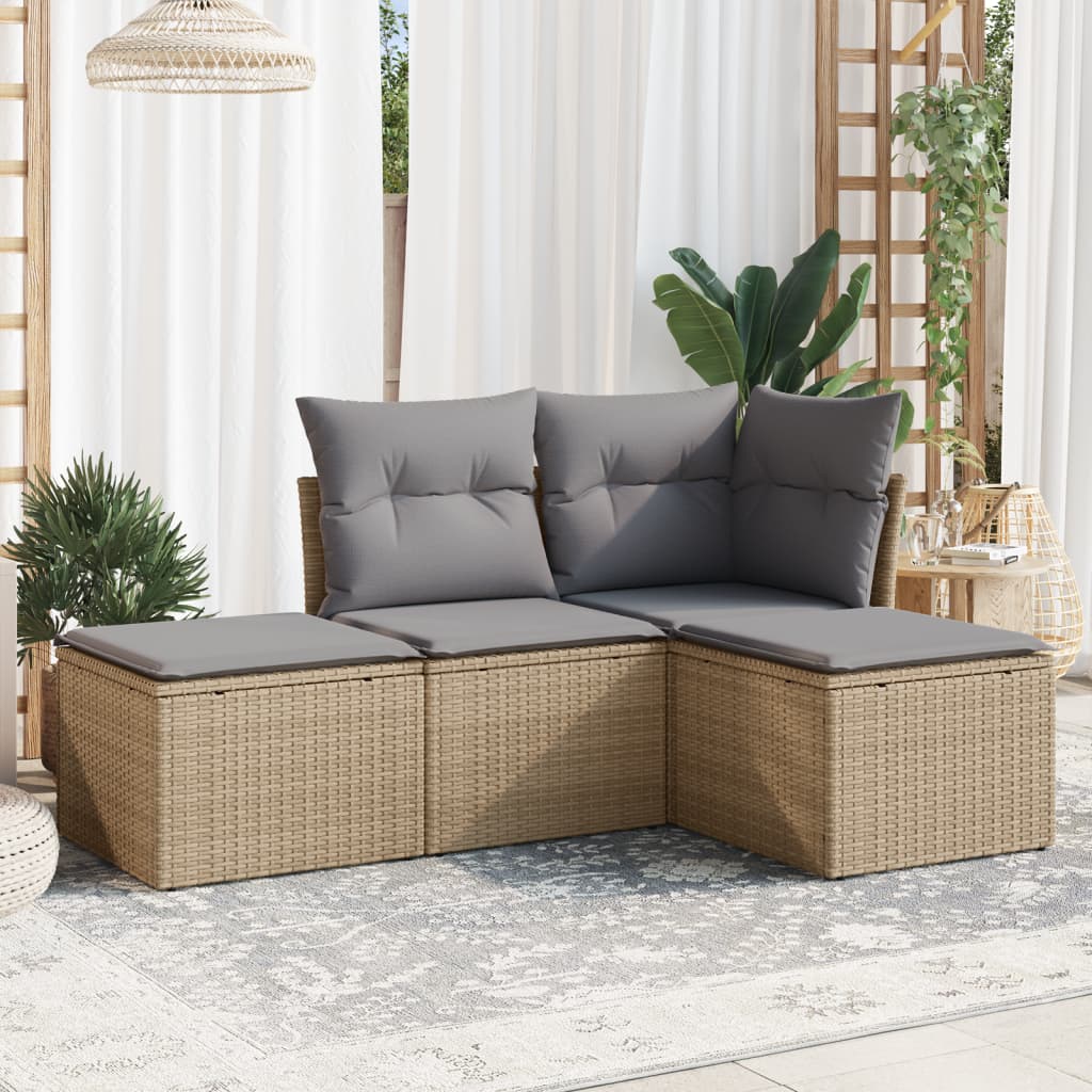 4-delige Loungeset met kussens poly rattan beige