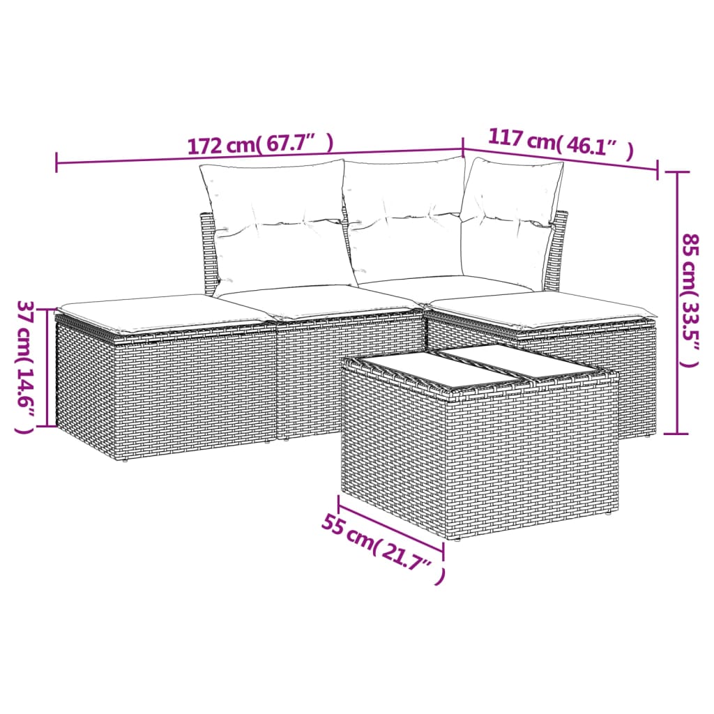 5-delige Loungeset met kussens poly rattan zwart