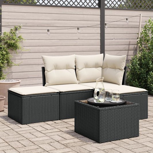 5-delige Loungeset met kussens poly rattan zwart