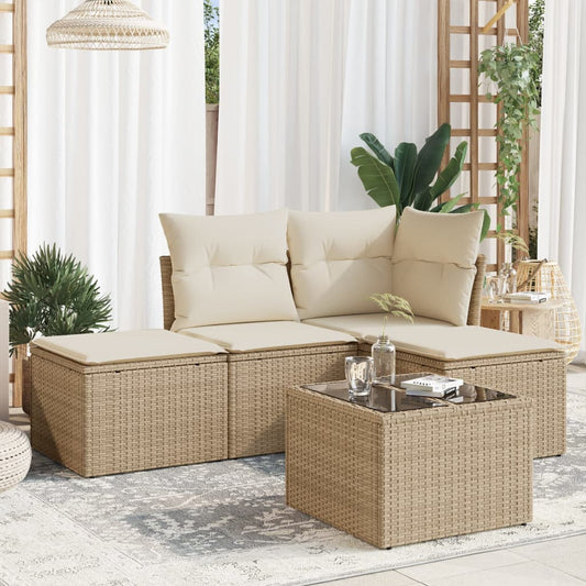 5-delige Loungeset met kussens poly rattan beige