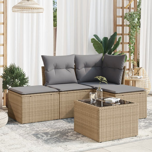 5-delige Loungeset met kussens poly rattan beige