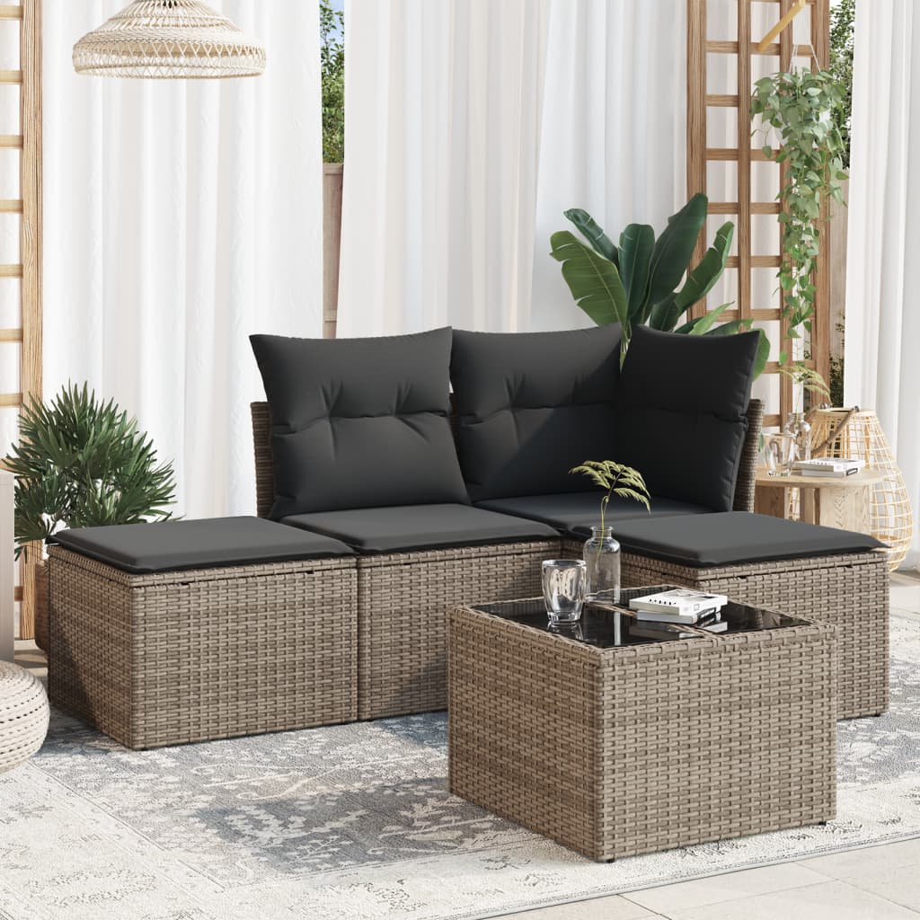 5-delige Loungeset met kussens poly rattan grijs