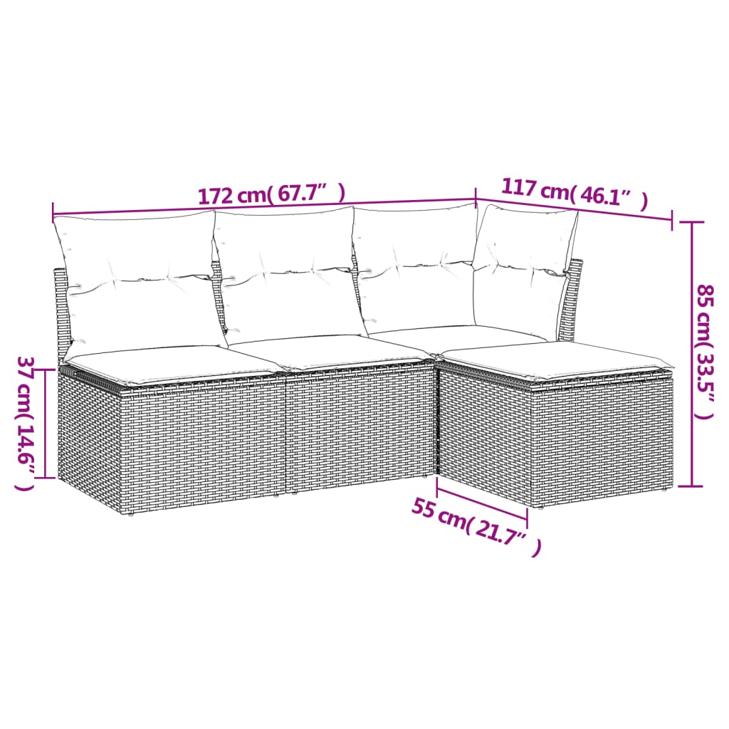 4-delige Loungeset met kussens poly rattan beige