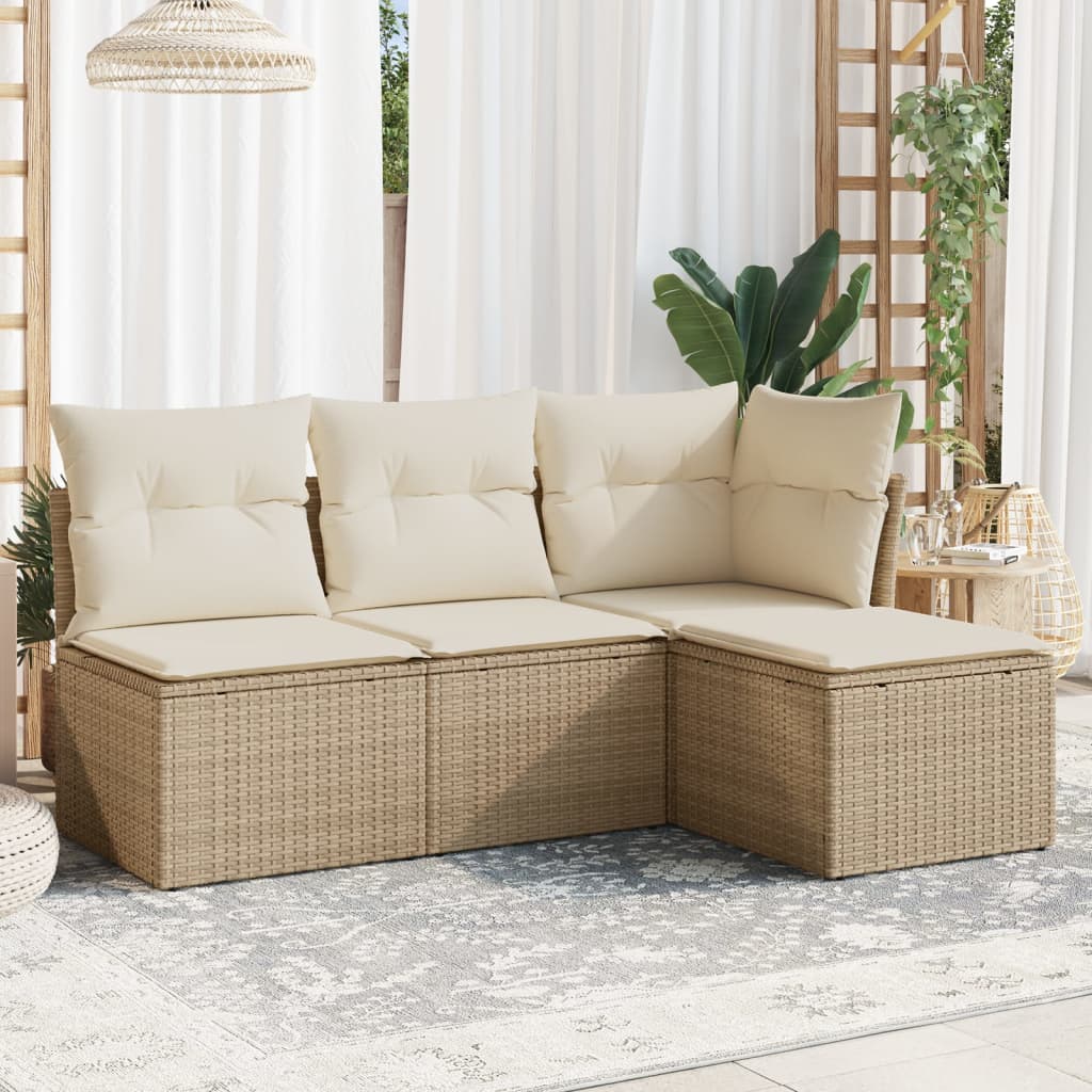 4-delige Loungeset met kussens poly rattan beige