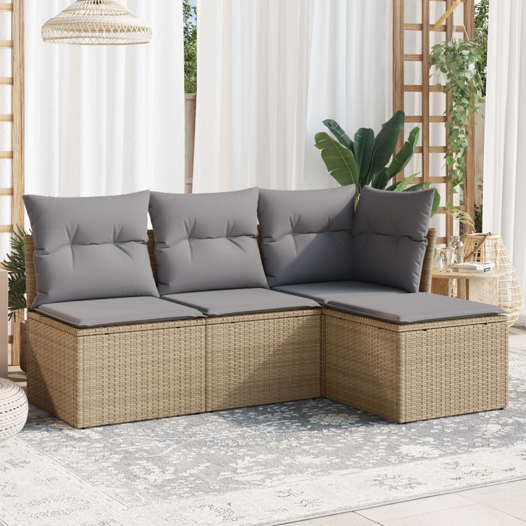 4-delige Loungeset met kussens poly rattan beige