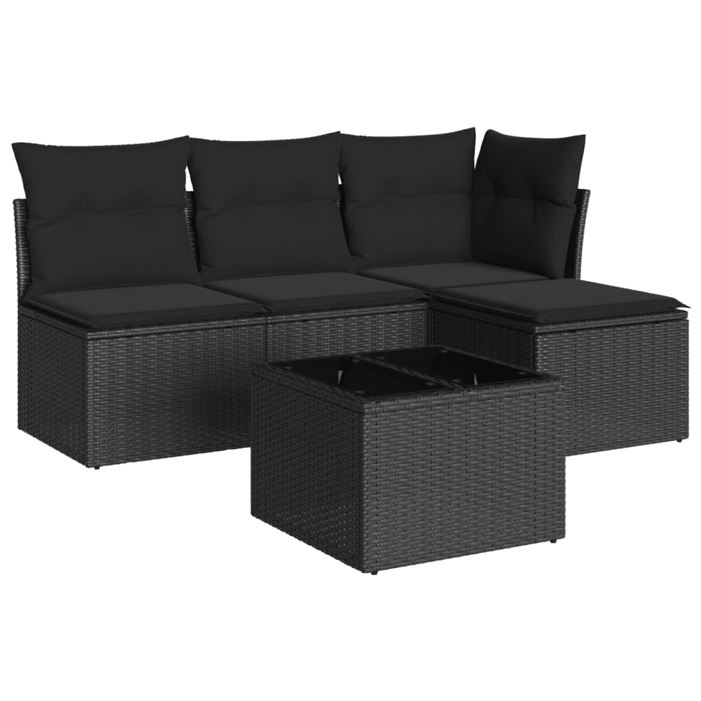 5-delige Loungeset met kussens poly rattan zwart