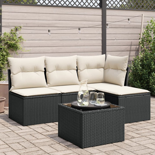 5-delige Loungeset met kussens poly rattan zwart