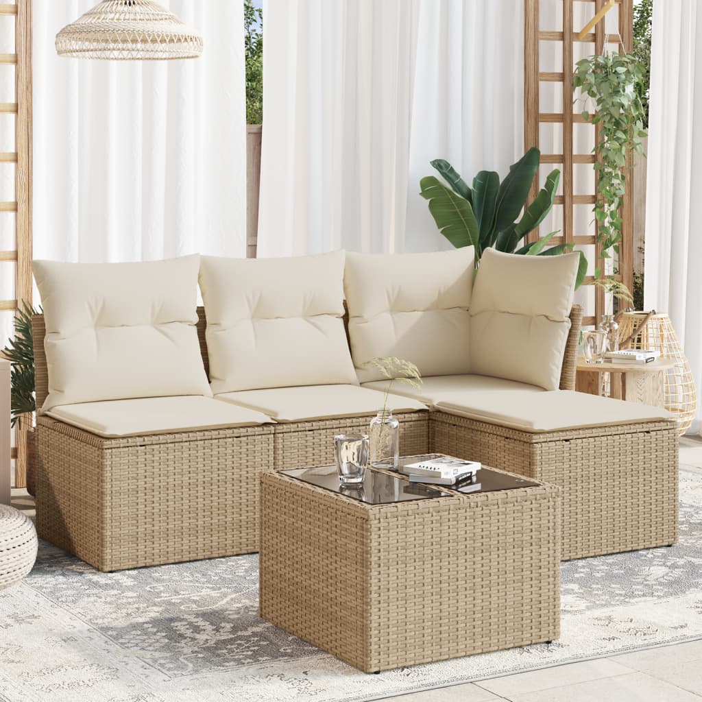 5-delige Loungeset met kussens poly rattan beige