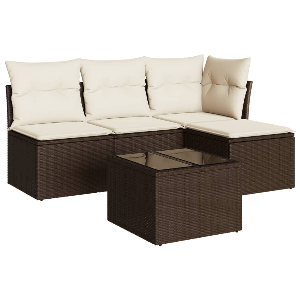 5-delige Loungeset met kussens poly rattan bruin