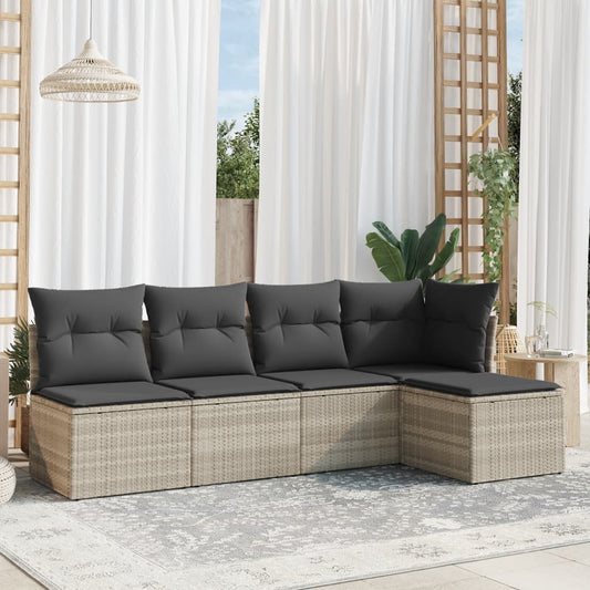 5-delige Loungeset met kussens poly rattan lichtgrijs