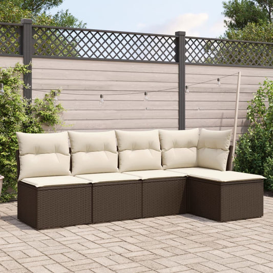 5-delige Loungeset met kussens poly rattan bruin