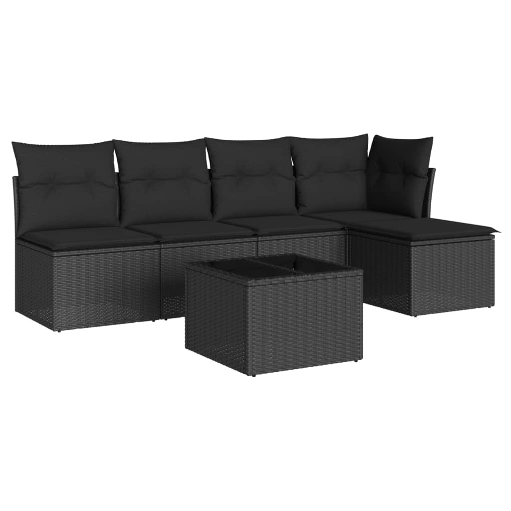 6-delige Loungeset met kussens poly rattan zwart