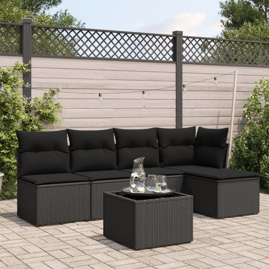 6-delige Loungeset met kussens poly rattan zwart