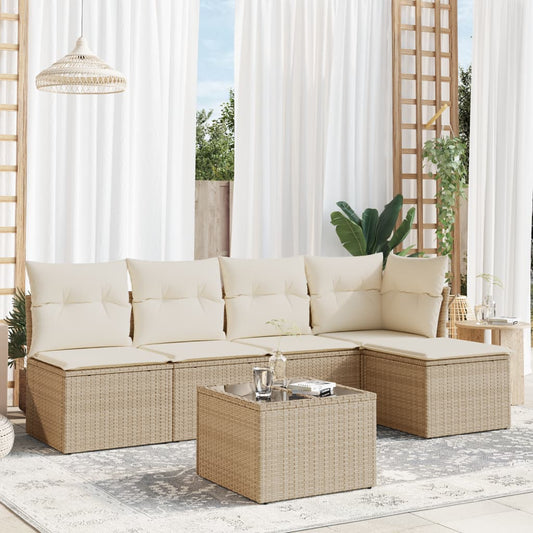 6-delige Loungeset met kussens poly rattan beige