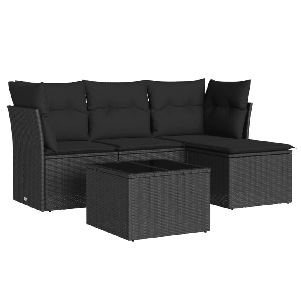 5-delige Loungeset met kussens poly rattan zwart