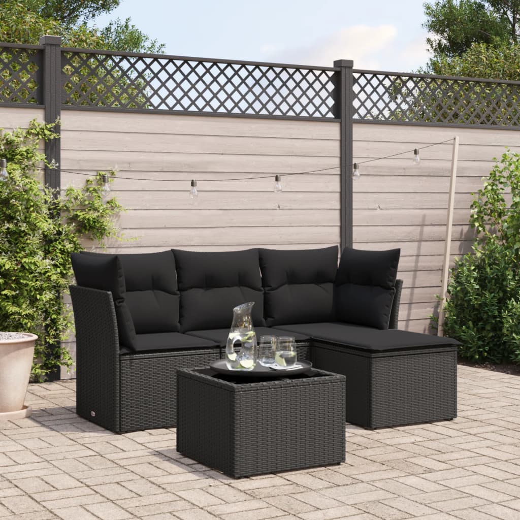 5-delige Loungeset met kussens poly rattan zwart