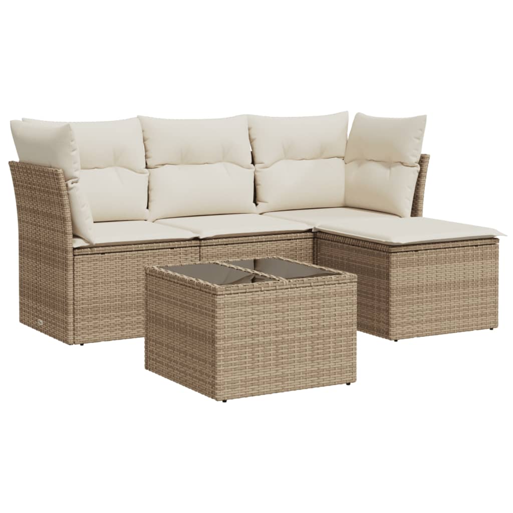 5-delige Loungeset met kussens poly rattan beige