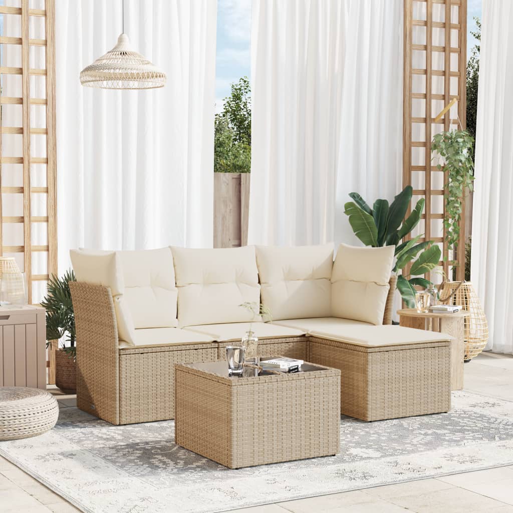 5-delige Loungeset met kussens poly rattan beige