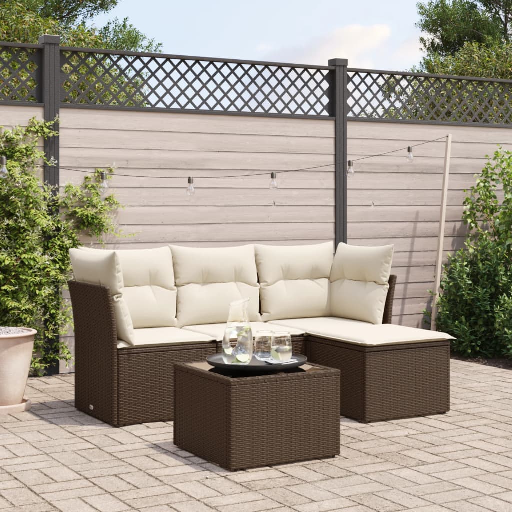 5-delige Loungeset met kussens poly rattan bruin