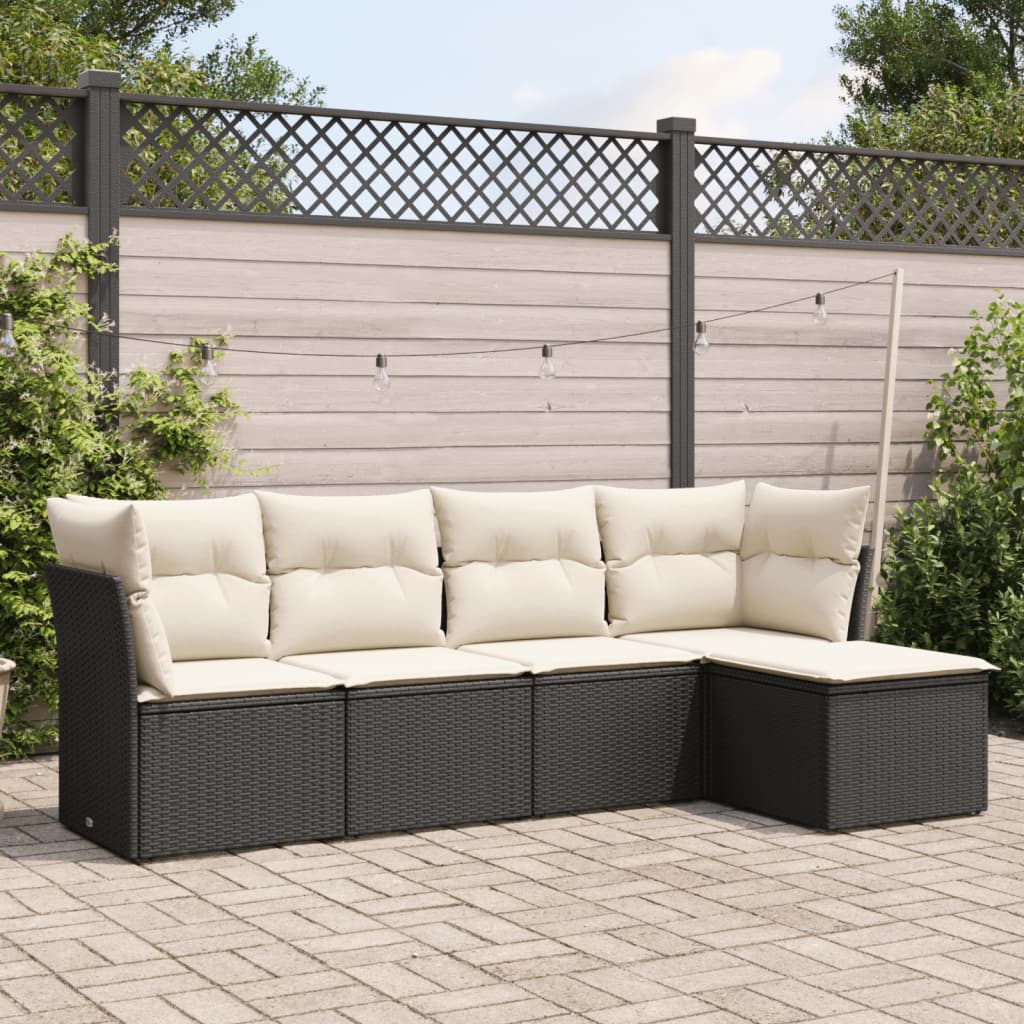 5-delige Loungeset met kussens poly rattan zwart