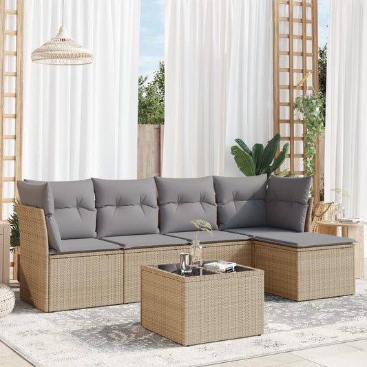 6-delige Loungeset met kussens poly rattan beige