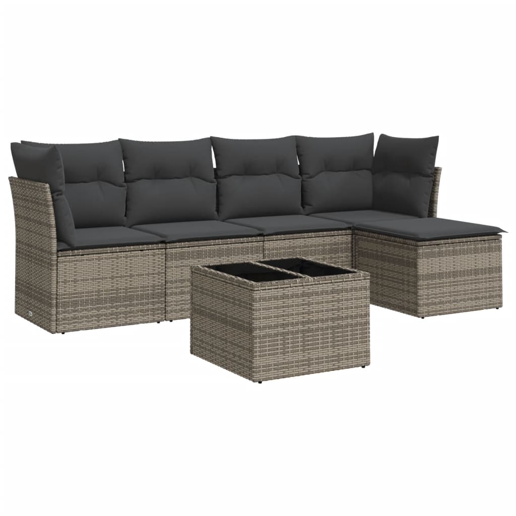 6-delige Loungeset met kussens poly rattan grijs