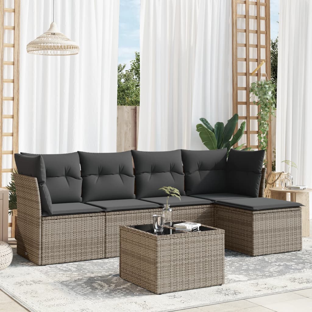 6-delige Loungeset met kussens poly rattan grijs