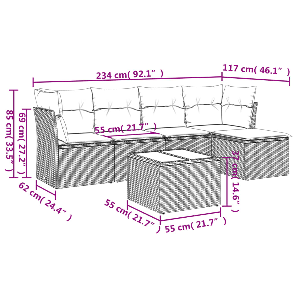 6-delige Loungeset met kussens poly rattan lichtgrijs