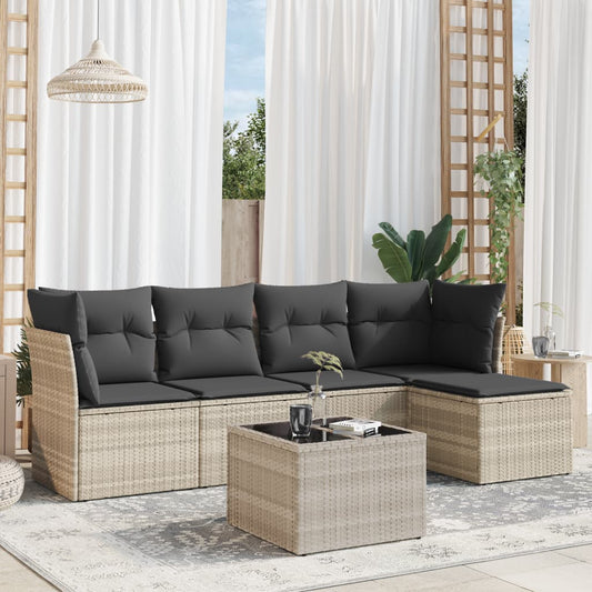 6-delige Loungeset met kussens poly rattan lichtgrijs