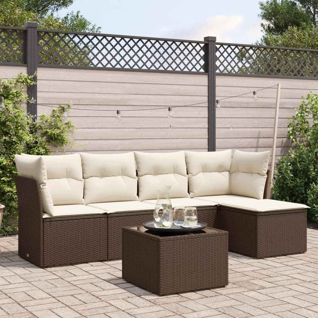 6-delige Loungeset met kussens poly rattan bruin