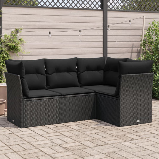 4-delige Loungeset met kussens poly rattan zwart