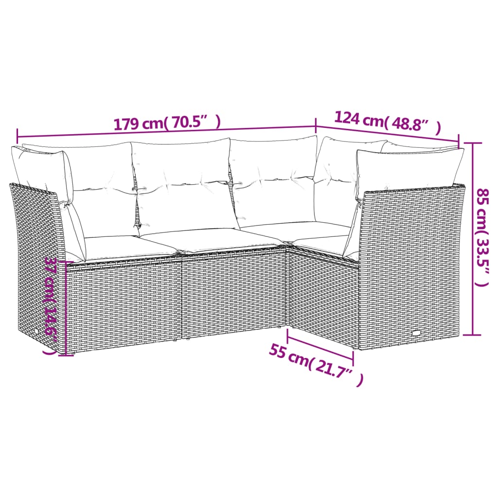 4-delige Loungeset met kussens poly rattan beige