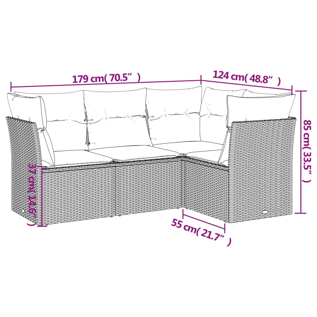 4-delige Loungeset met kussens poly rattan bruin