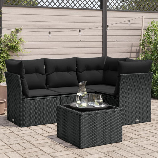 5-delige Loungeset met kussens poly rattan zwart