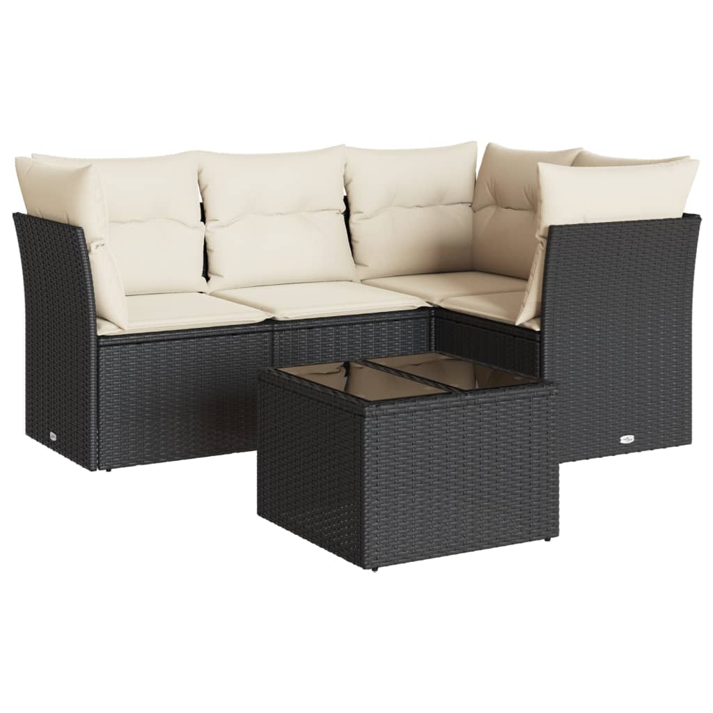 5-delige Loungeset met kussens poly rattan zwart