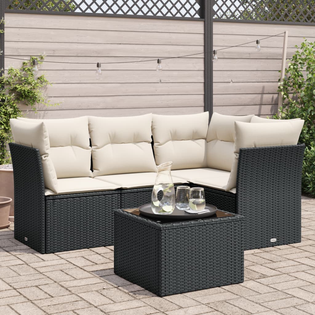 5-delige Loungeset met kussens poly rattan zwart