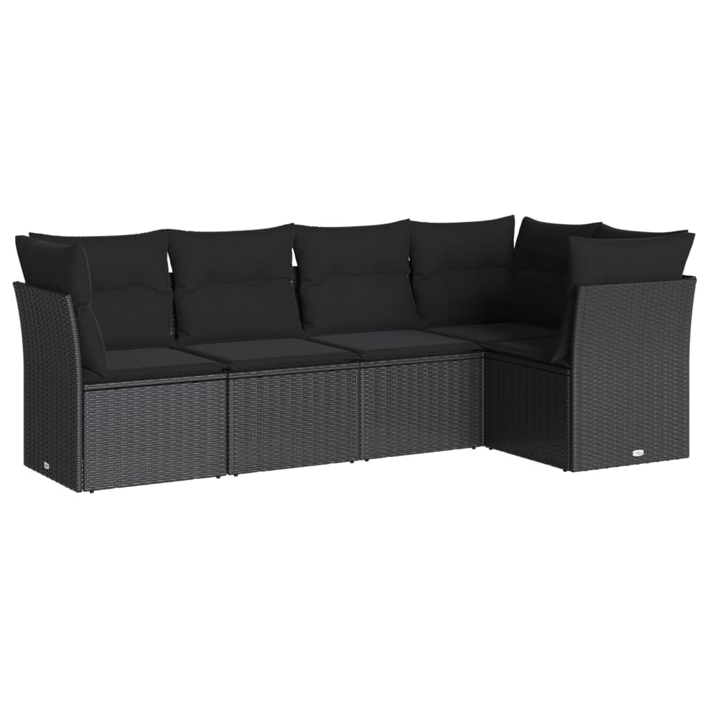 5-delige Loungeset met kussens poly rattan zwart