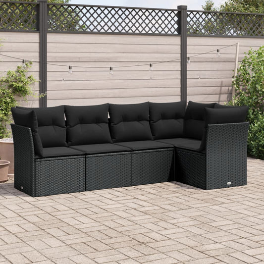 5-delige Loungeset met kussens poly rattan zwart