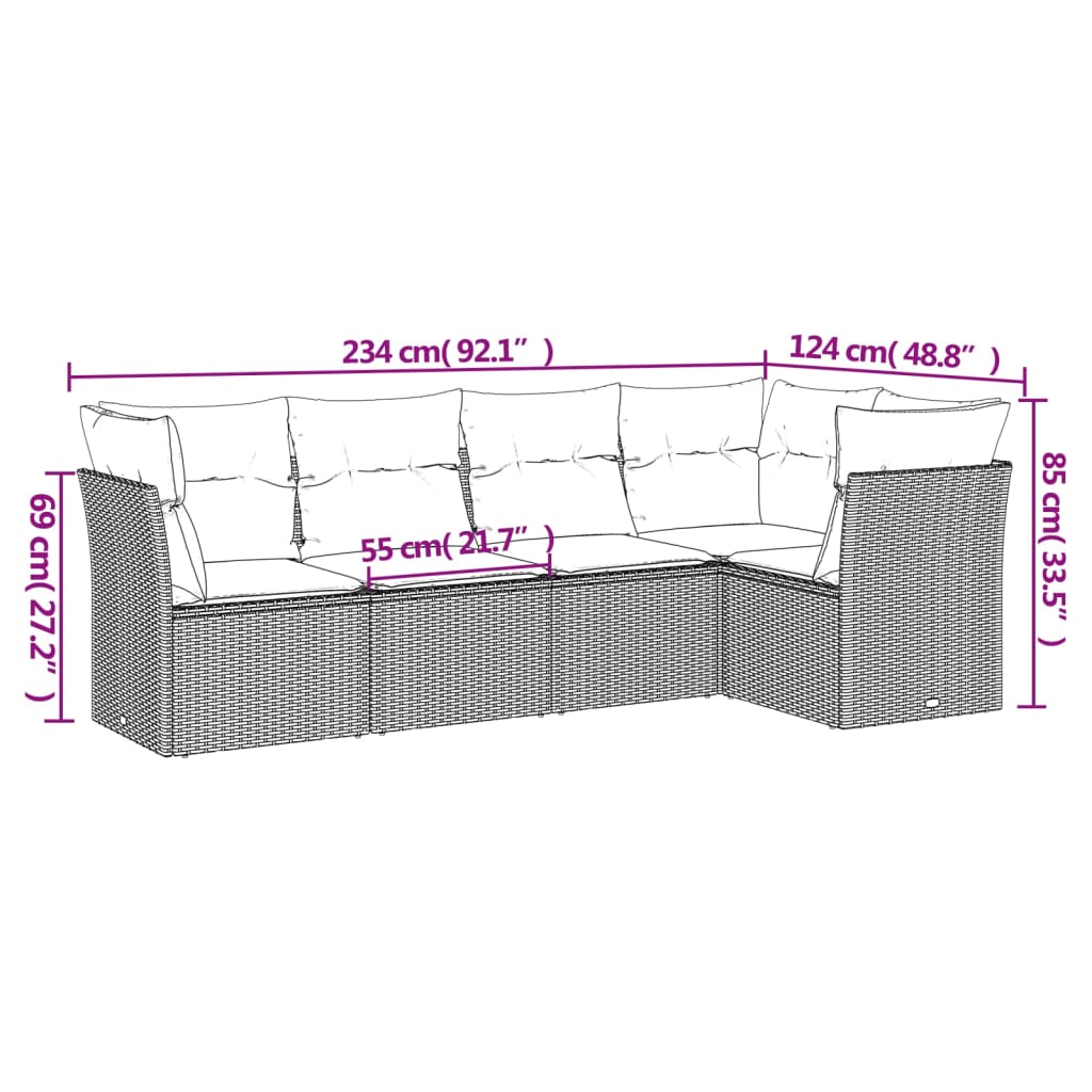 5-delige Loungeset met kussens poly rattan lichtgrijs