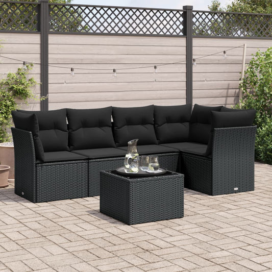 6-delige Loungeset met kussens poly rattan zwart