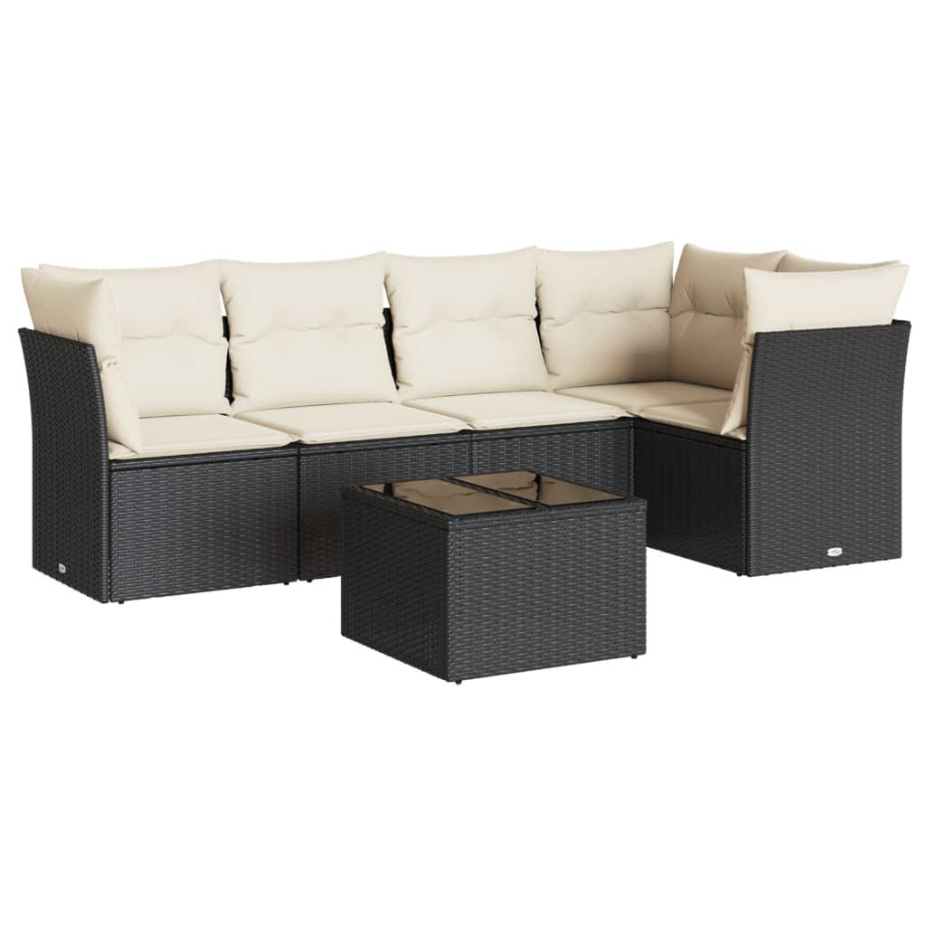 6-delige Loungeset met kussens poly rattan zwart