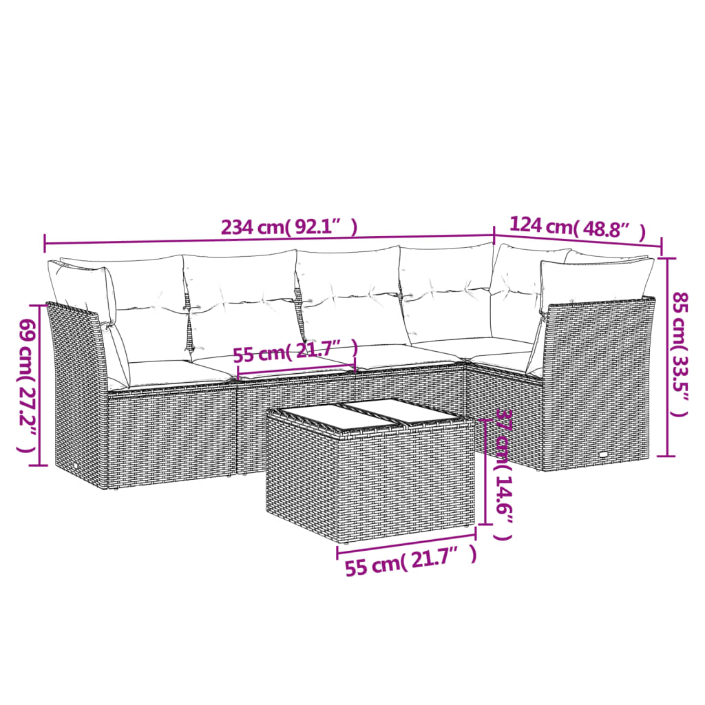 6-delige Loungeset met kussens poly rattan zwart