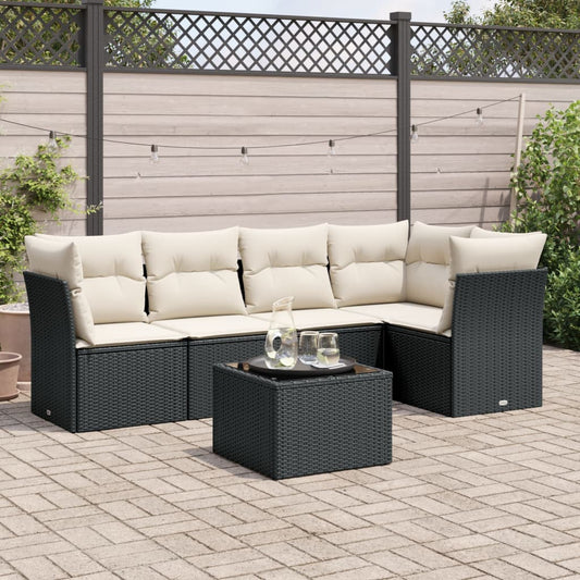 6-delige Loungeset met kussens poly rattan zwart