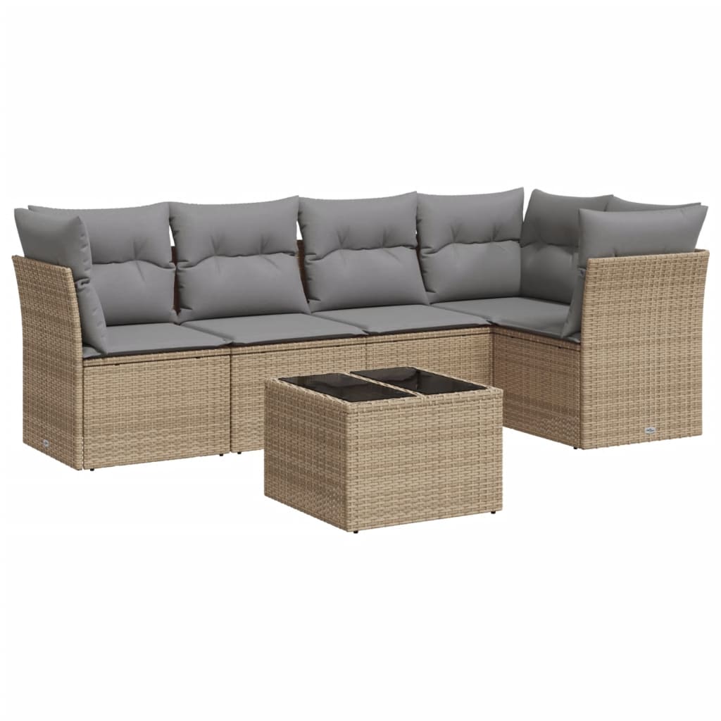 6-delige Loungeset met kussens poly rattan beige