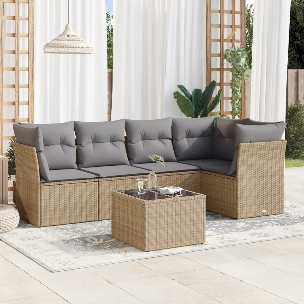 6-delige Loungeset met kussens poly rattan beige