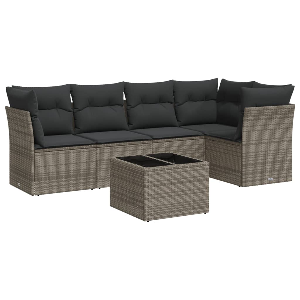 6-delige Loungeset met kussens poly rattan grijs